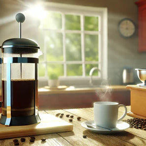 A French press filled with freshly brewed coffee on a wooden countertop in a bright kitchen.