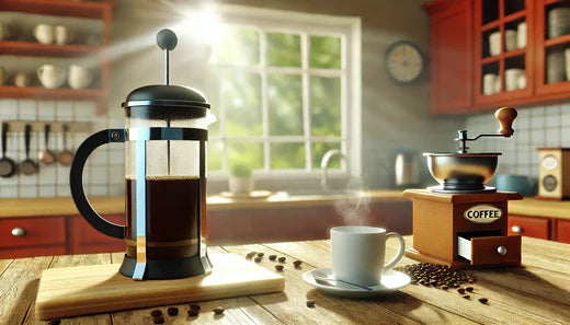 A French press filled with freshly brewed coffee on a wooden countertop in a bright kitchen.