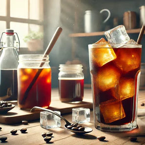 A glass of cold brew coffee filled with ice cubes on a wooden table, surrounded by jars of coffee concentrate, coffee beans, and brewing equipment