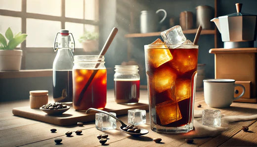 A glass of cold brew coffee filled with ice cubes on a wooden table, surrounded by jars of coffee concentrate, coffee beans, and brewing equipment