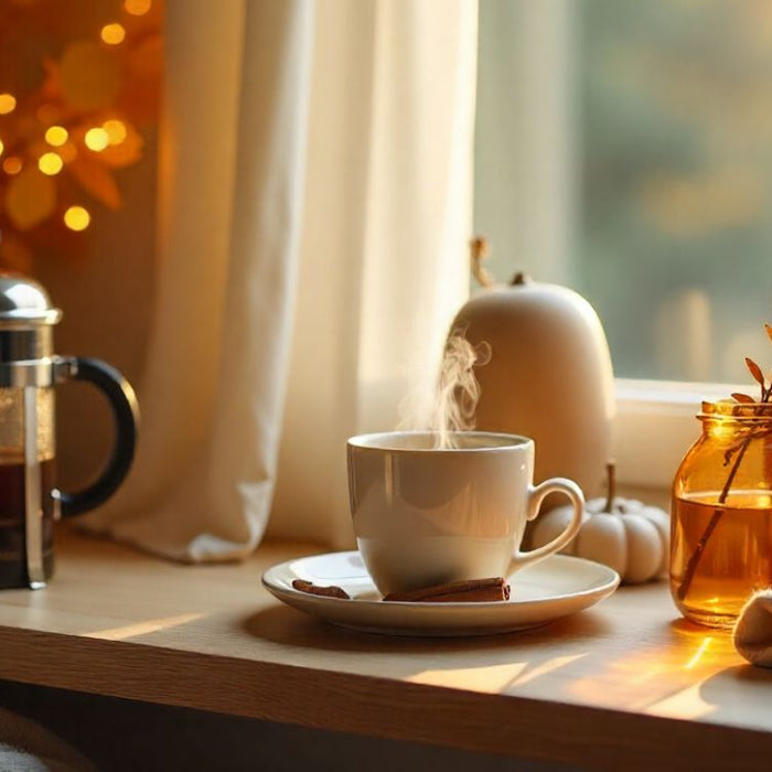 Cozy fall coffee corner with warm morning light and autumn decoration