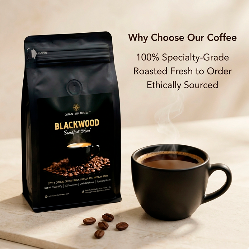 Quantum Brrew coffee bag labeled 'Blackwood' with a cup of coffee and coffee beans on a beige background