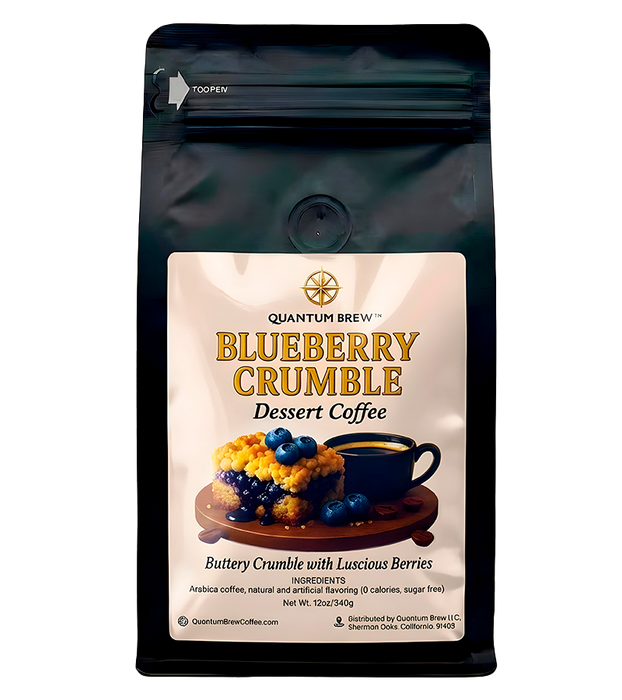 Blueberry crumble flavored coffee bag on light background