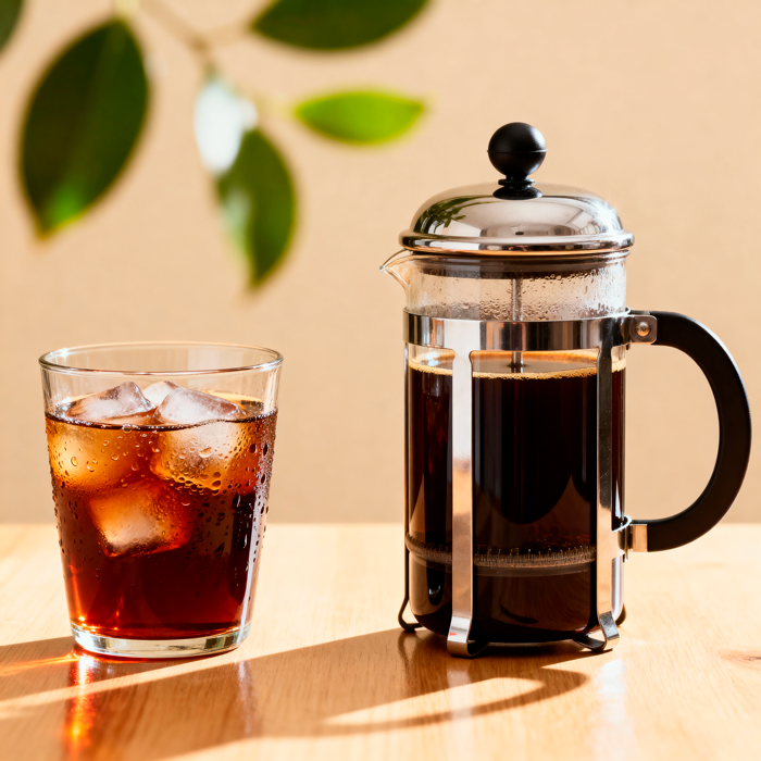 French press filled with coffee next to a glass of iced coffee on a wooden surface.