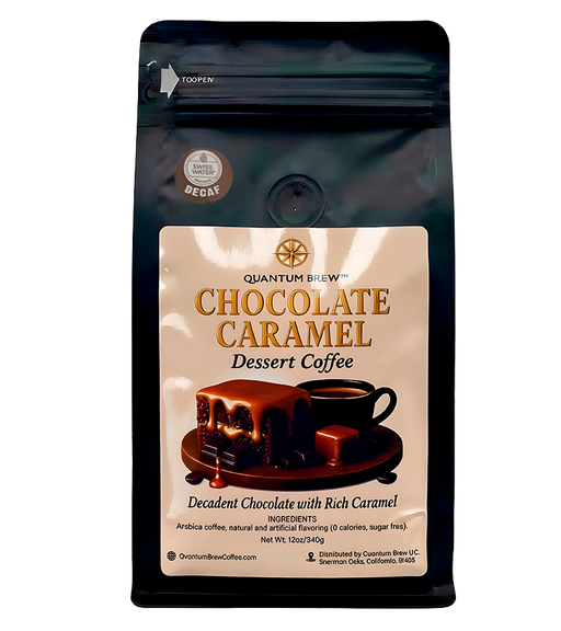 Chocolate caramel decaf coffee bag on light background