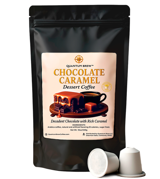 Chocolate caramel K-cups box on light background