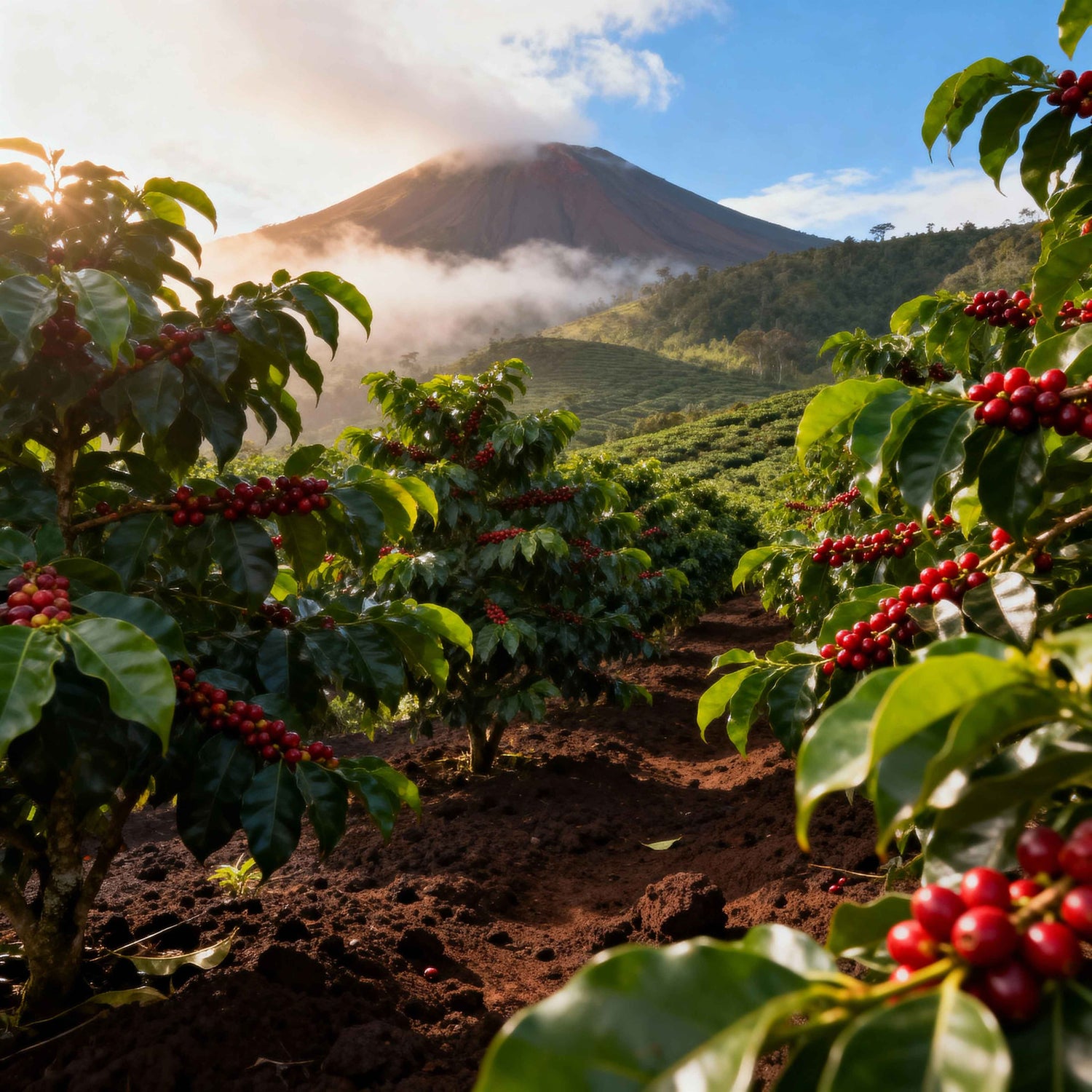 Coffee plants with red berries in a mountainous landscape