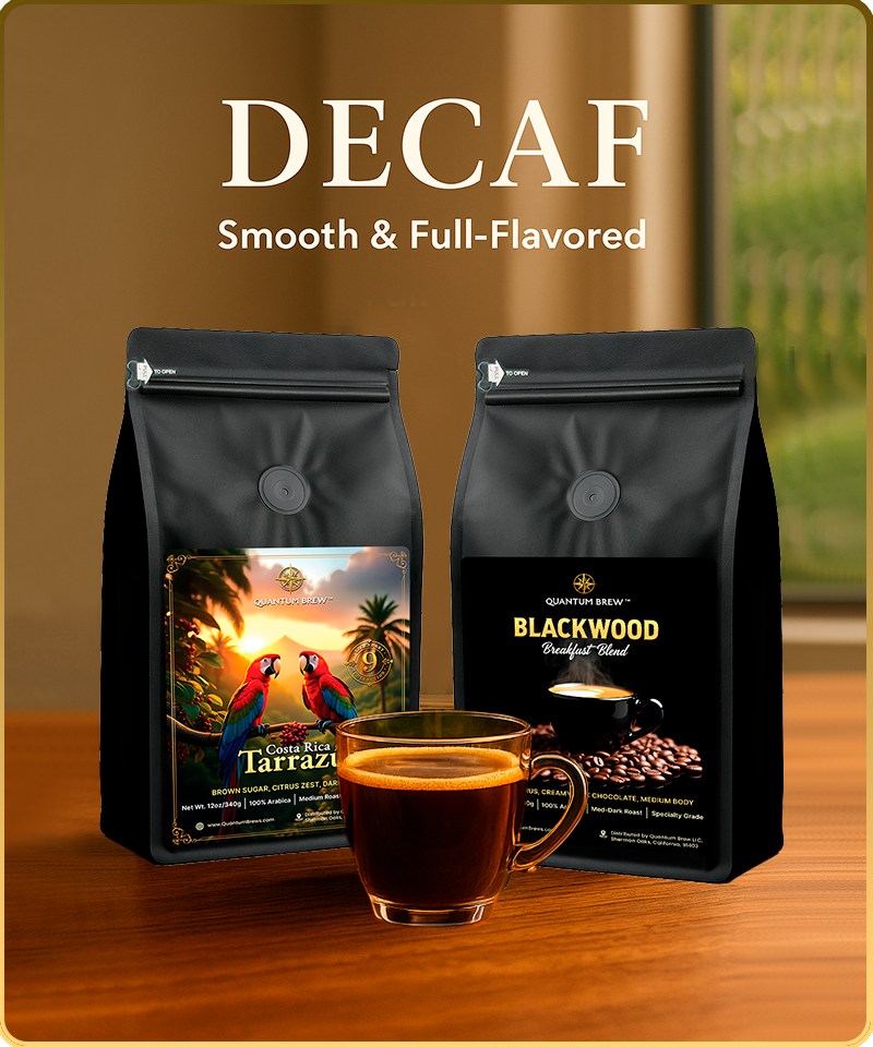 Two Quantum Brew Decaf coffee bags and a cup of coffee on a wooden surface.