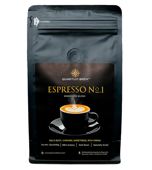 Coffee bag labeled 'Quantum Brew Espresso No.1' on a white background