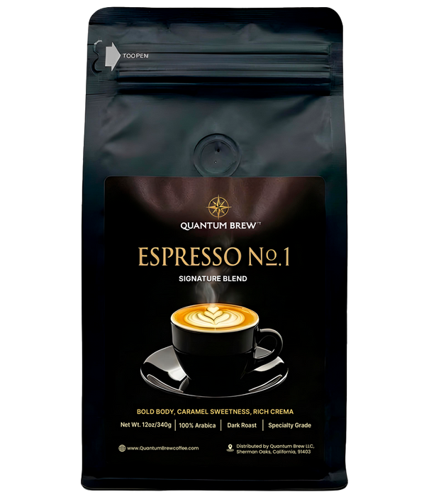 Espresso No. 1 coffee bag on champagne ivory background