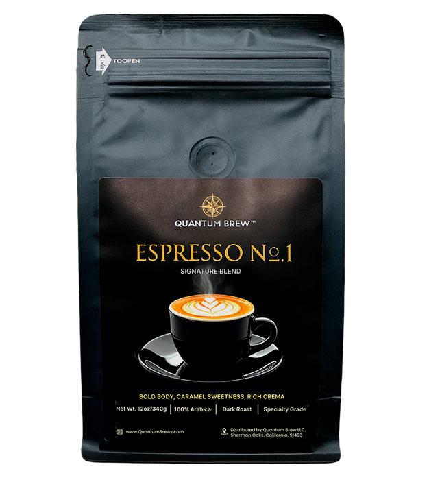 Coffee bag labeled 'Quantum Brew Espresso No.1' on a white background