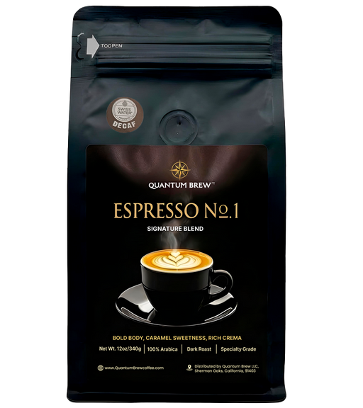 Espresso No. 1 decaf coffee bag on light background