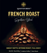 Quantum Brew French Roast coffee Label with roasted coffee beans and fire effect on a black background.