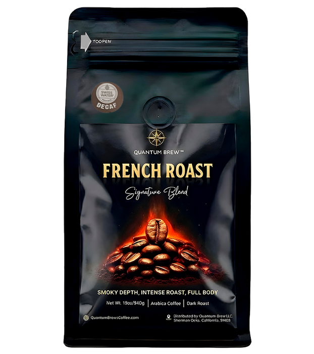 French Roast decaf coffee bag on light background
