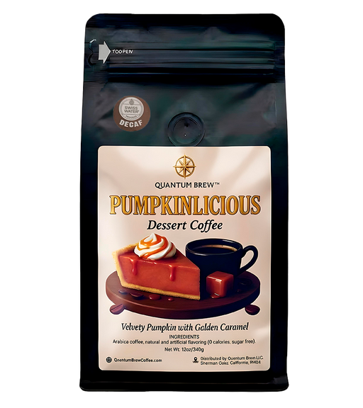 Pumpkinlicious decaf coffee bag on light background