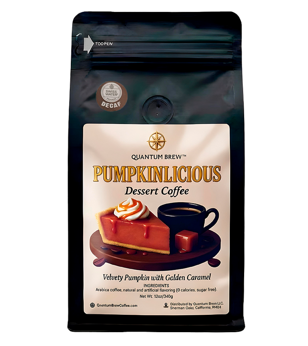 Pumpkinlicious decaf coffee bag on light background