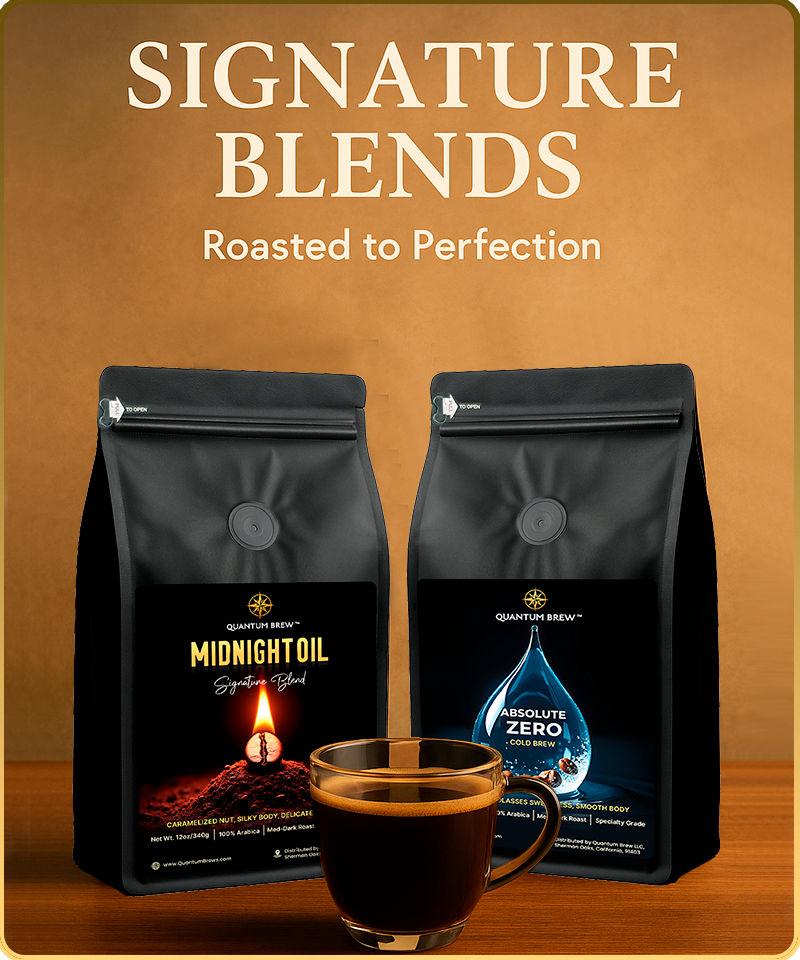 Two Quantum Brew Signature Blends coffee bags with labels and a cup of coffee on a wooden surface.