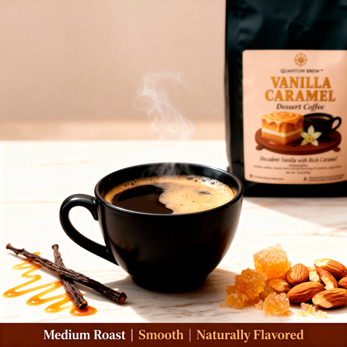 Vanilla caramel coffee with a bag of coffee and ingredients on a light background