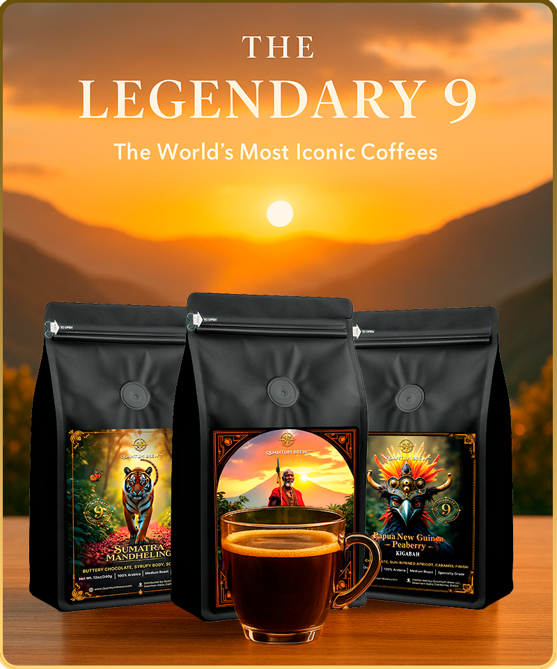 Three Quantum Brew Legendary coffee bags in front of a sunset mountain background.