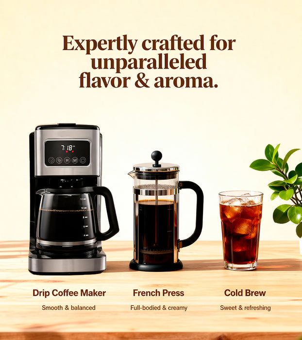 Coffee maker, French press, and iced coffee on a wooden surface with text about flavor and aroma.