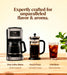 Coffee maker, French press, and iced coffee on a wooden surface with text about flavor and aroma.