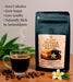 Quantum Brew Vanilla Caramel dessert coffee package with a cup of coffee and coffee beans on a wooden surface.