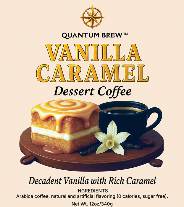 Vanilla caramel dessert coffee Label with a cup of coffee, cake, and vanilla flower on a beige background.