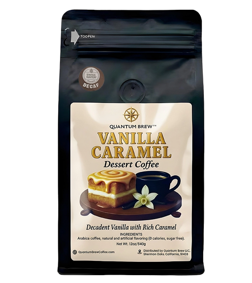 Vanilla caramel decaf coffee bag on light background
