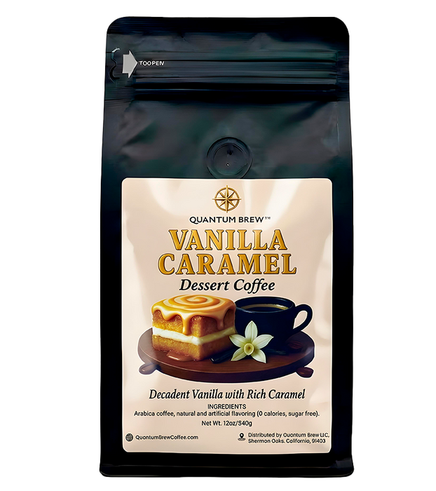 Vanilla caramel flavored coffee bag on light background