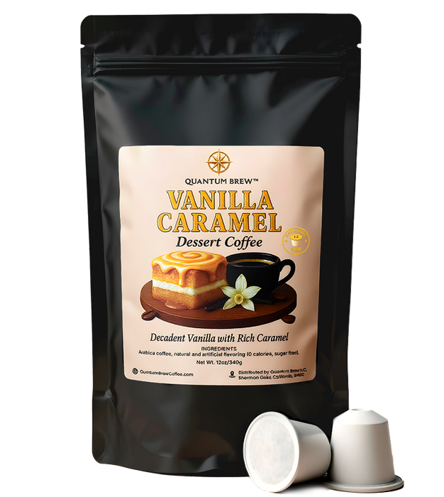 Vanilla caramel K-cups box on light background