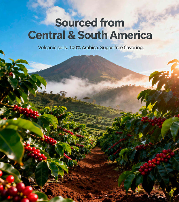 Coffee plantation with mountains in the background, labeled 'Sourced from Central & South America'.